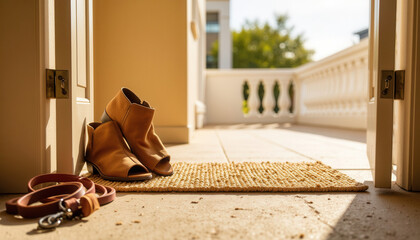 Shoes placed near doorway with dog leash on welcome mat outdoors  