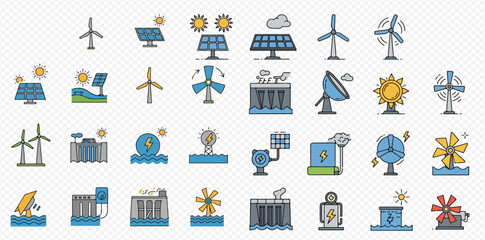 Collection of renewable energy icons depicting solar, wind, and hydroelectric power generation.