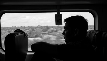 Man gazing out of train window while traveling through countryside  