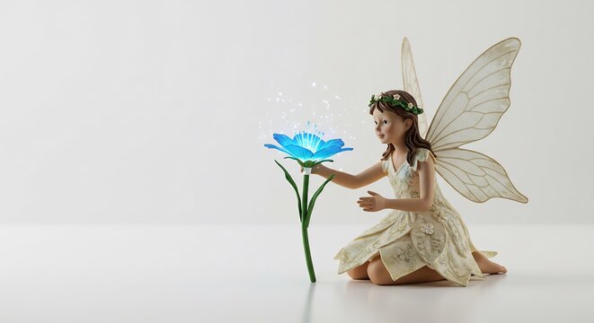 Zauberhafte Fee h�lt leuchtend blaue Blume sanft im Licht. AI Generated