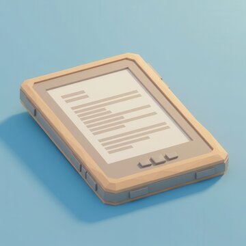 A stylized, low-poly digital reader displays a document against a simple light-blue backdrop.