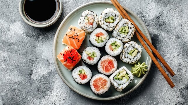 Assorted sushi rolls and pieces on a light-grey plate, with chopsticks and soy sauce