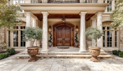 Naklejka premium Grand entryway of a luxurious home featuring a large, wooden door, columns, and landscaping