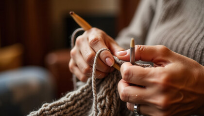 Woman knitting with wooden needles and gray yarn indoors  