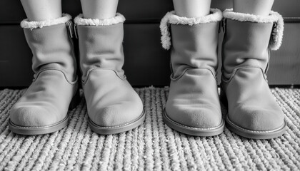 Cozy feet in warm boots resting on soft rug indoors  