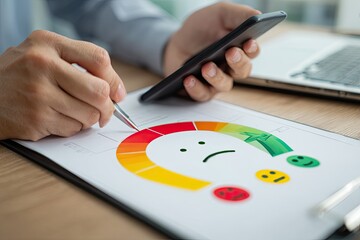 Close-up of hands marking a low satisfaction survey