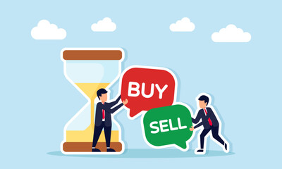 Businessman holding chat dialog with BUY and another with SELL standing near hourglass illustration of deadline and trading time