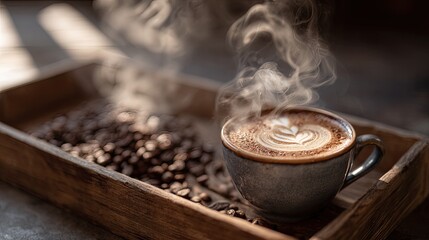 Steaming latte art in a rustic wooden tray