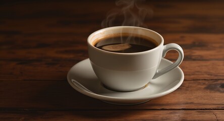 Steaming Cup of Coffee on Wooden Surface