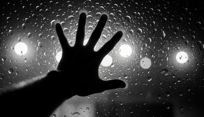 Hand reaching against rain-covered window with blurred lights behind  