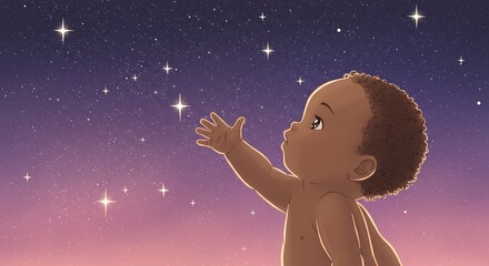 Stille Nacht sanft leuchtend Sterne funkeln Kleinkind staunt himmlisch. AI Generated