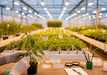 Greenhouse plant research laboratory with seedling examination. Agricultural biotechnology, botanical studies, controlled cultivation environment. Scientific analysis of growth, sustainable farming