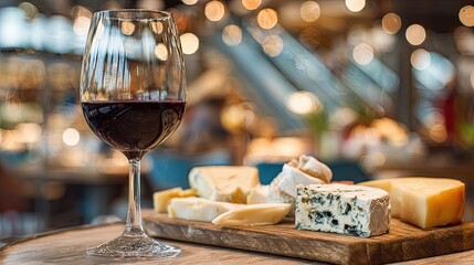 Wine glass of red wine beside a wooden cheese board with assorted cheeses.  Blurred background of a restaurant