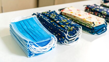 Stacked face masks on a white surface