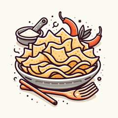 Handdrawn Detailed Nachos Chips with Chili Pepper and Sauce Bowl Illustration