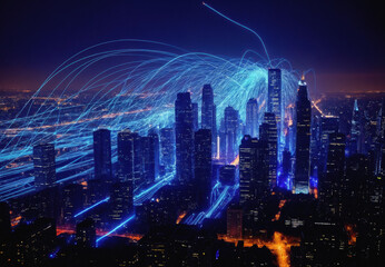 Obraz premium Digital network connectivity over metropolitan cityscape at night. Futuristic smart city with glowing data streams, cyber technology visualization. Urban skyscrapers with blue light trails, modern