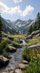 Scenic Mountain Valley With Waterfall And Flowers