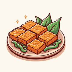 Handdrawn Cartoon Tofu Dish with Green Vegetables on Plate Illustration