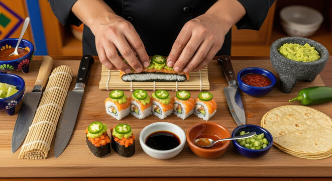 Chef preparing Japanese Mexican fusion sushi with fresh ingredients.