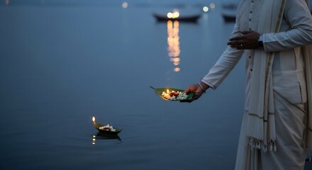 Naklejka premium Spiritual offering ceremony in Varanasi, India. Man releases a diya with flowers into Ganges River during dev Diwali. Perfect for religious or travel content.