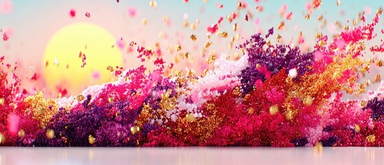 Abstract explosion of colorful confetti and particles against a sunset backdrop