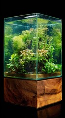 Glass aquarium with wooden base, filled with aquatic plants