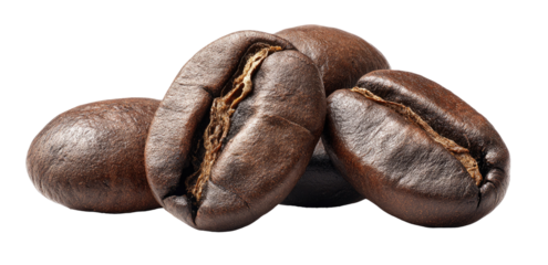 Close-up of three roasted coffee beans.  Dark brown, textured surfaces with visible ridges and imperfections.  Slight overlap, creating a 3D effect.  High-quality, studio shot