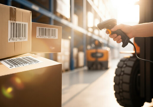 Warehouse worker scans barcode labels on cardboard packages using handheld scanner device. Industrial logistics facility with inventory management, shipping operations, supply chain tracking