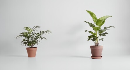 Fototapeta premium Two potted plants against a white background, minimalist home decor, interior design, greenery