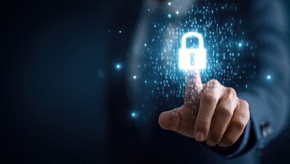 Businessperson's finger touches a glowing padlock icon composed of binary code