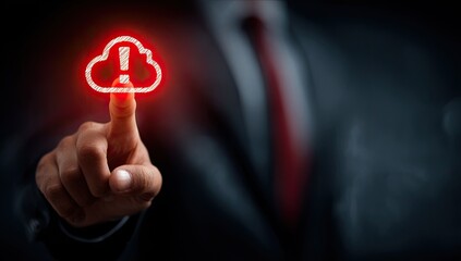 Businessperson's finger points to a glowing red cloud icon with an exclamation mark, highlighting a potential problem in cloud computing