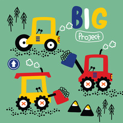 Colorful construction trucks on green background with playful design style
