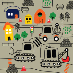 Cartoon construction site with vehicles houses trees and playful city design
