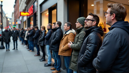An image of a long line or queue of people waiting outside a store, highlighting the anticipation and dedication of Black Friday shoppers.
