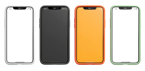 Four smartphone mockups in different colored protective cases