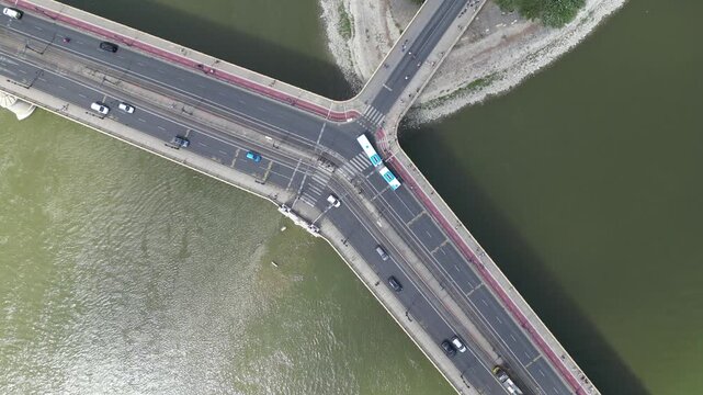 Aerial shot of Margaret island (Margitsziget) and Margaret Bridge (Margit h&iacute;d) in Budapest.
