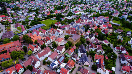 Aerial view of the old town city G&uuml;glingen in Germany on a late sunny day in summer