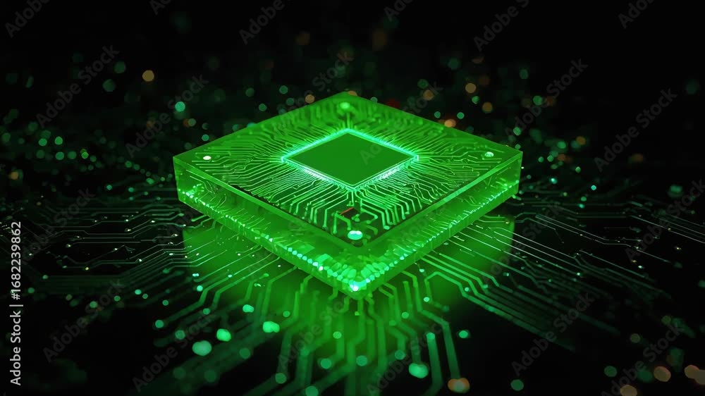 Poster glowing green microchip on a circuit board with intricate patterns and soft lighting