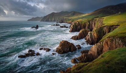 Dramatic coastal landscape with rugged cliffs, stormy sea, and hills