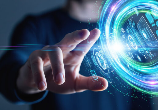 Human hand touching futuristic holographic interface with blue glowing circular graphics. Digital technology concept with virtual reality augmented projection and interactive display.