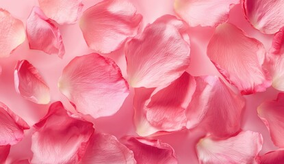 Pink rose petals scattered on a pink background