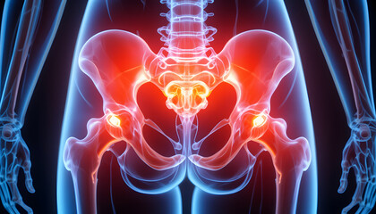Human pelvis and hip joint anatomy with pain highlighted in red for medical use