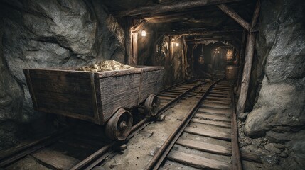 Discovering immense wealth, a vintage mining cart overflows with glistening gold nuggets deep within a historic, dimly lit underground tunnel.