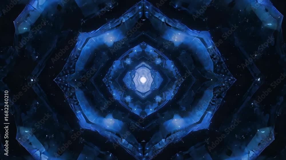 Poster intricate cosmic kaleidoscope pattern in deep blue hues with sparkling stars in a dark background
