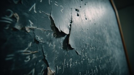 A variety of mathematical equations alongside visible cracks, emphasizing its age and the history of learning in a classroom environment.
