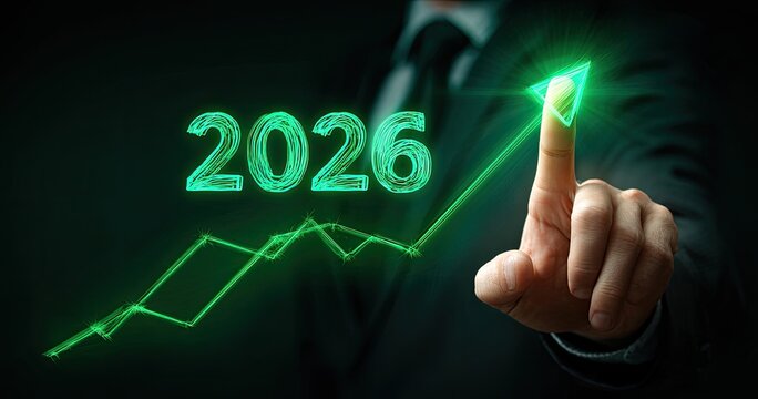 Businessperson touches upward trend graph, year 2026