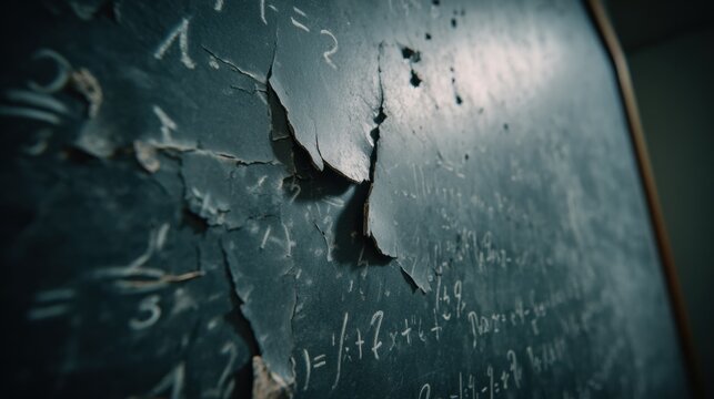 A variety of mathematical equations alongside visible cracks, emphasizing its age and the history of learning in a classroom environment.