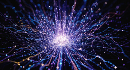 Neural network visualization with glowing connections radiating from central hub. Digital brain synapse pattern shows artificial intelligence data processing, quantum computing concept. Futuristic