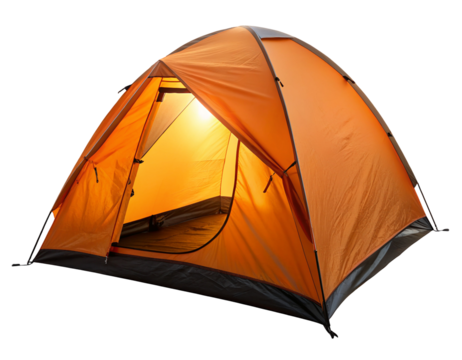 Bright orange camping tent with open door for outdoor adventures in nature and wilderness exploration