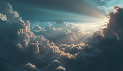 Vast, dramatic cloudscape, sunbeams piercing through